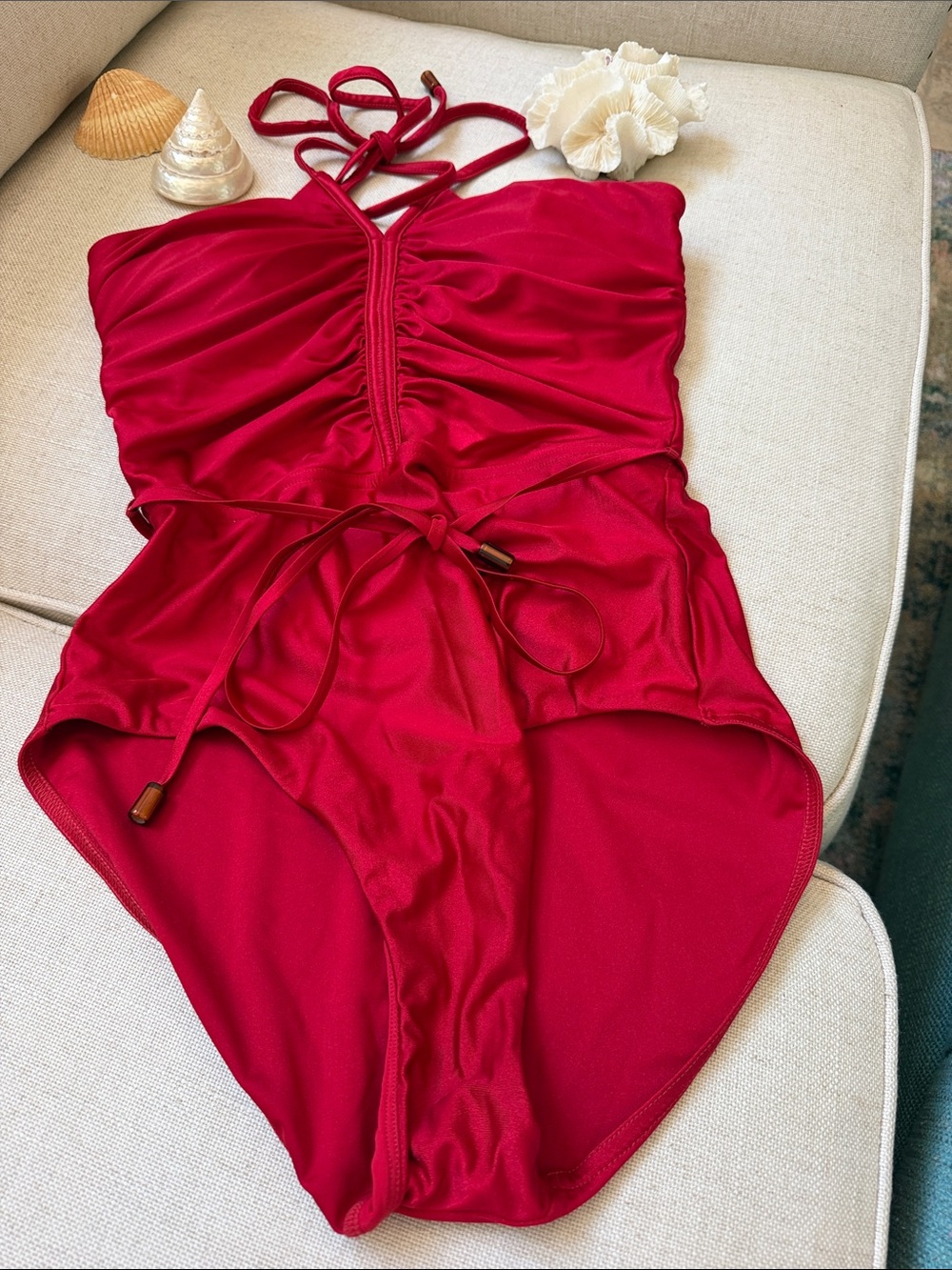 Zimmermann Red satin  Ruched One-Piece Swimsuit clover stunning euc sz 6-8 US